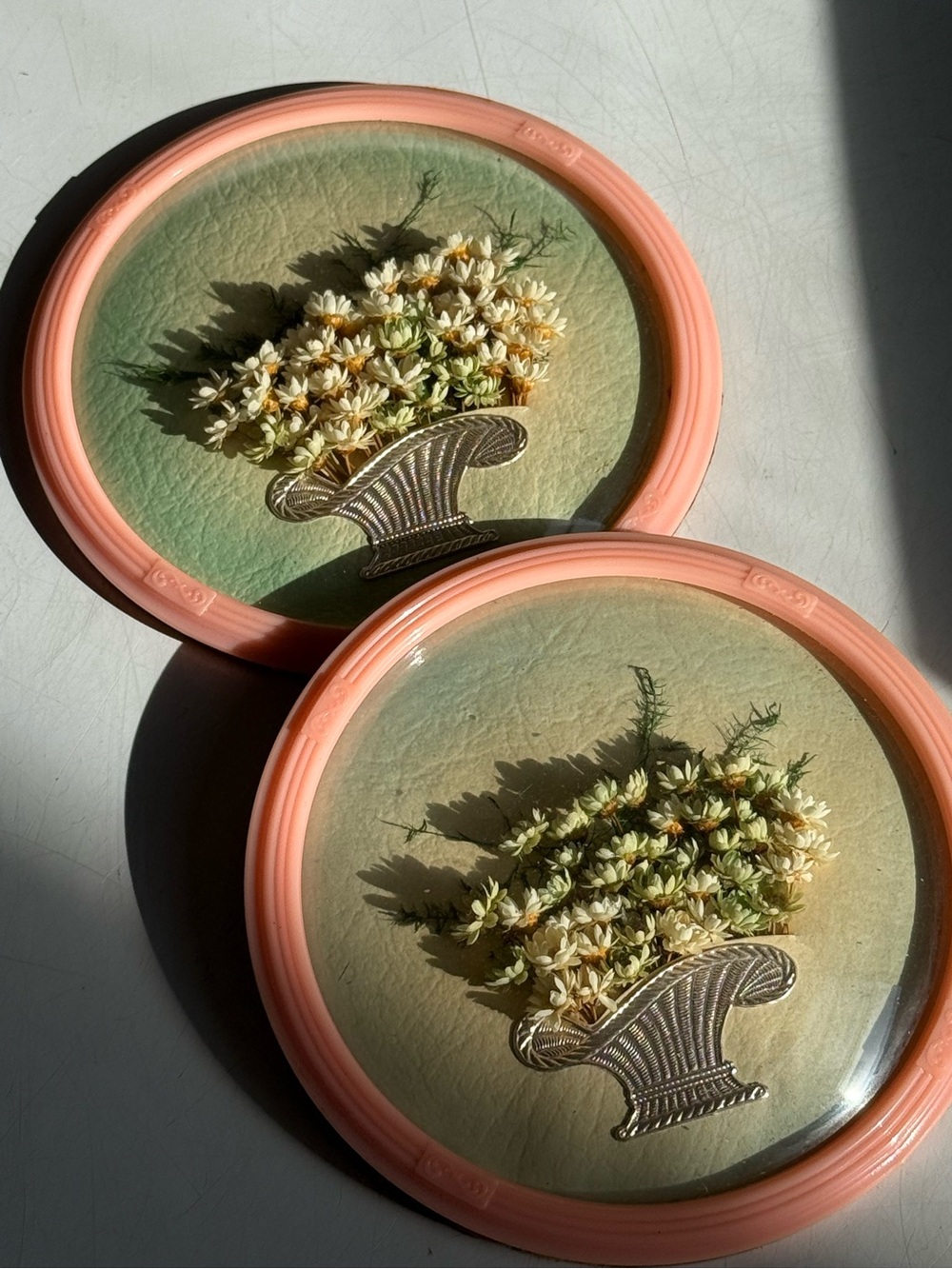 Set of 2 Pink Convex Bubble Glass Dried Flower Wall Plaques c1950s Johnson Art